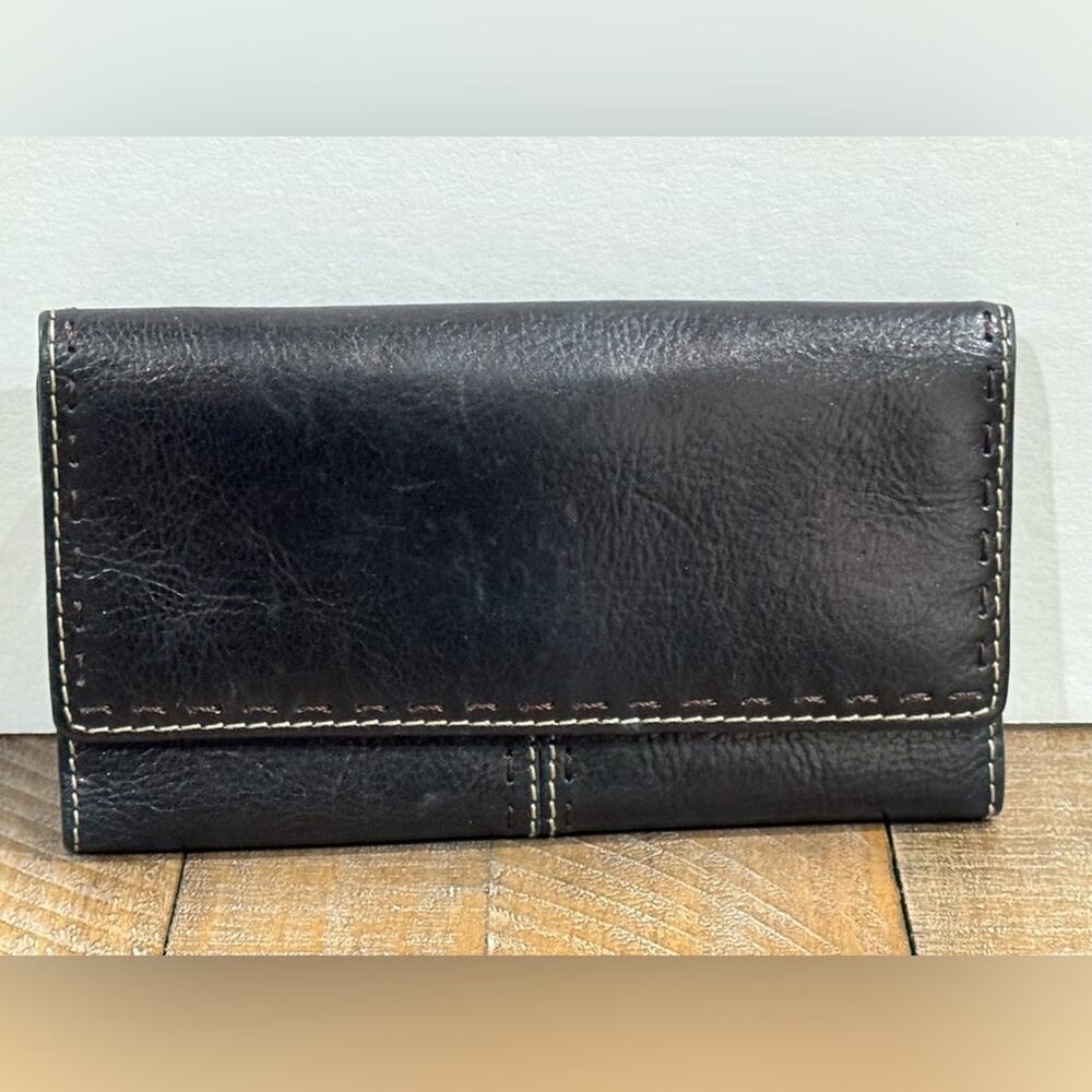 Fossil Y2K Wallet Black Leather With Beige Thread Stitch Coin Zipper Checkbook